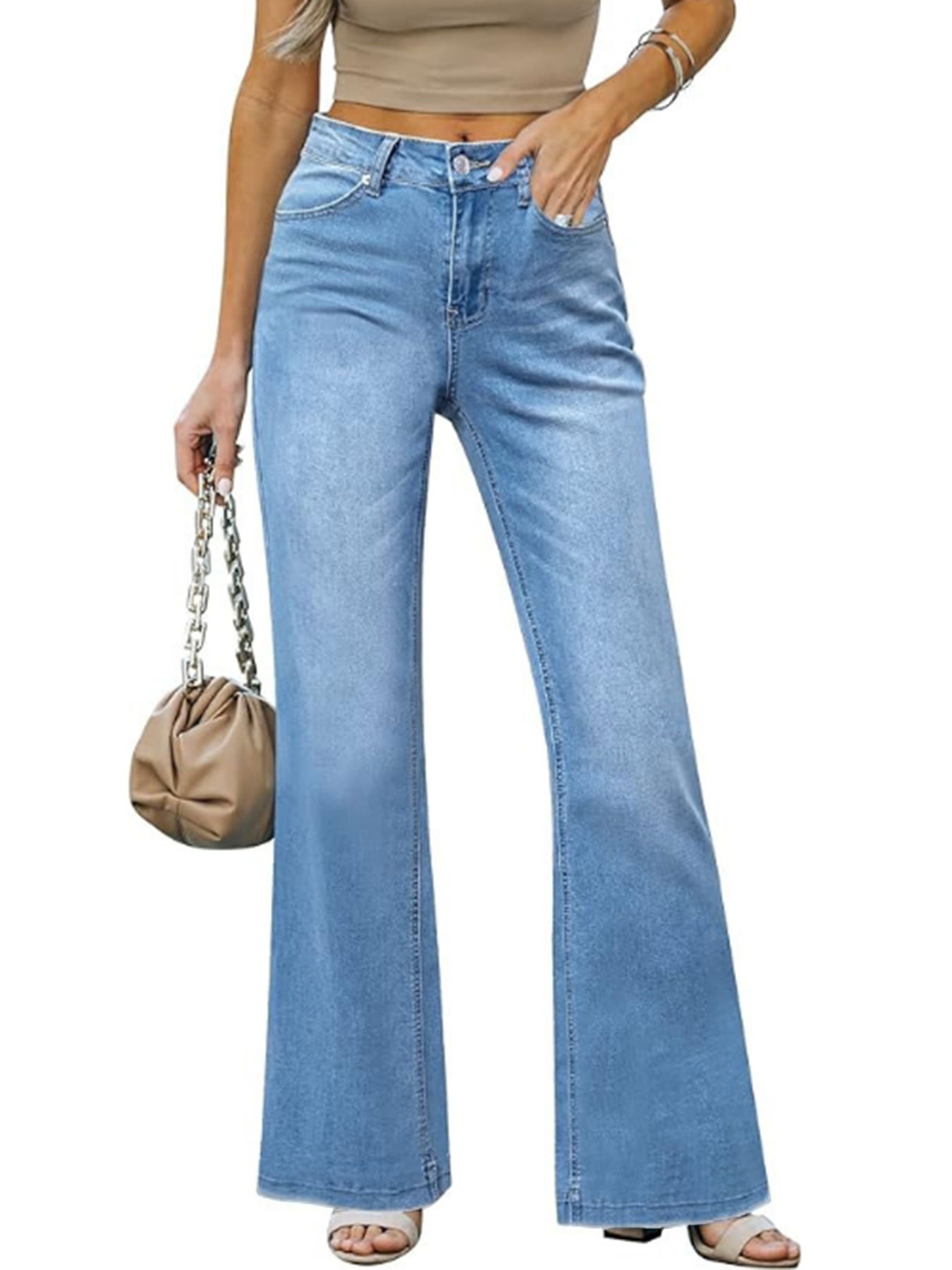 Jeans Acampanados de Tiro Alto para Mujer, Algodón y Spandex, Elástico, con Bolsillos