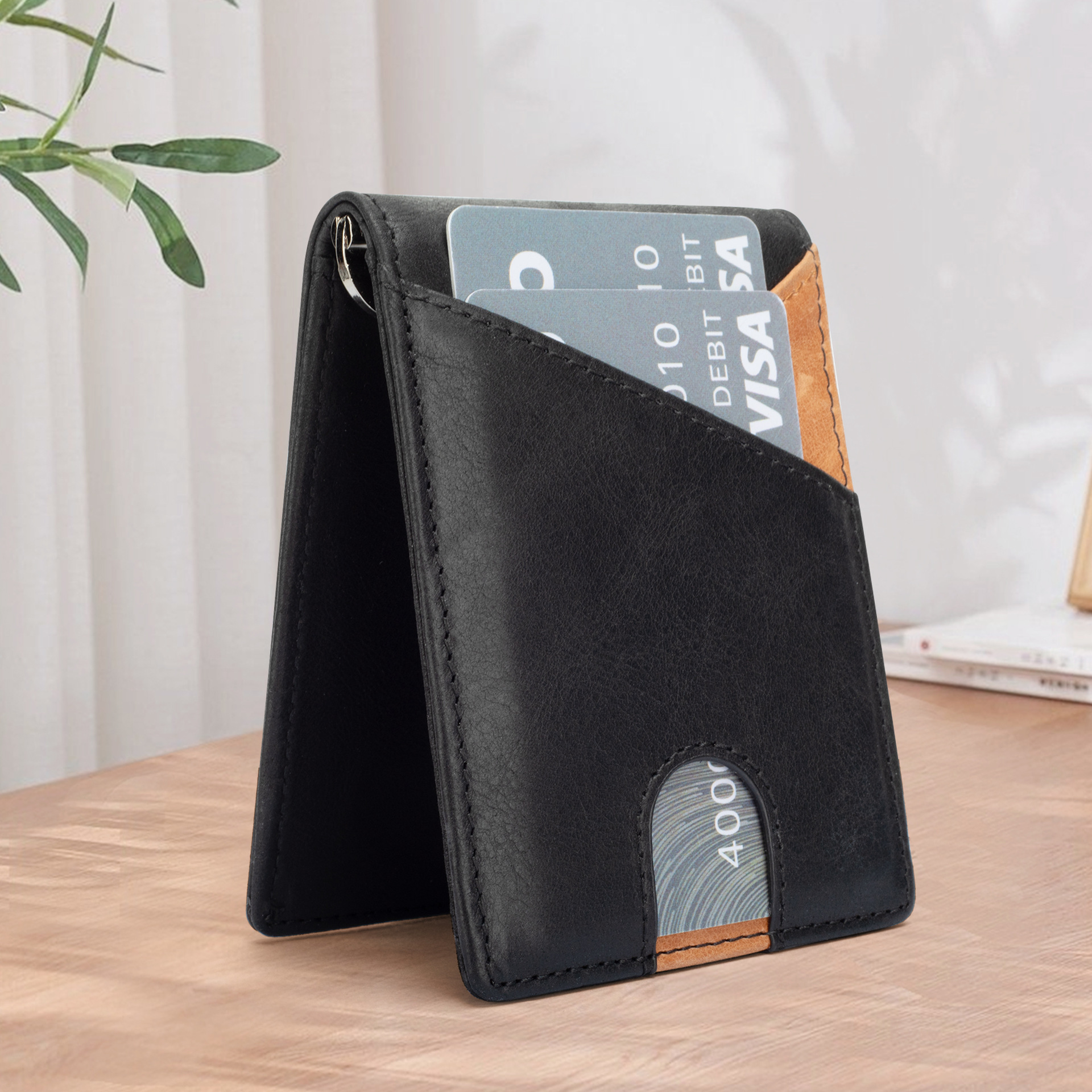 Cartera Bifold Multifuncional con Bloqueo de Color para Hombre, con Protección RFID Anti-Robo, Tarjetero, Monedero para Billetes, Ultrafina, de Cuero Genuino, para Negocios