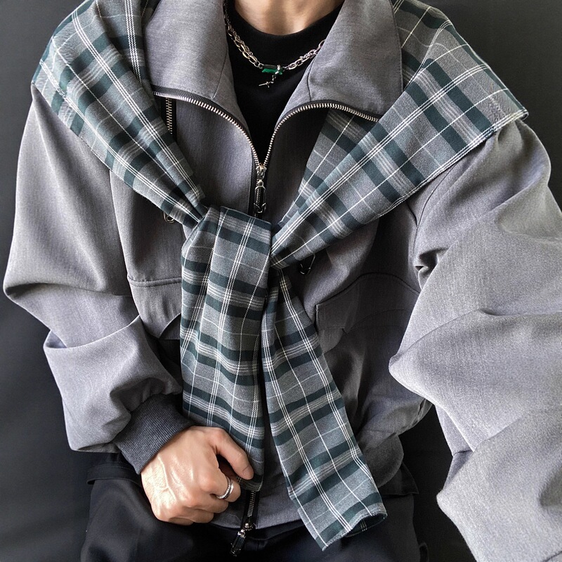 Gray Detachable Plaid Shawl Hat Silhouette Jacket Men's Autum Wear Design Short Work Jacket Draped