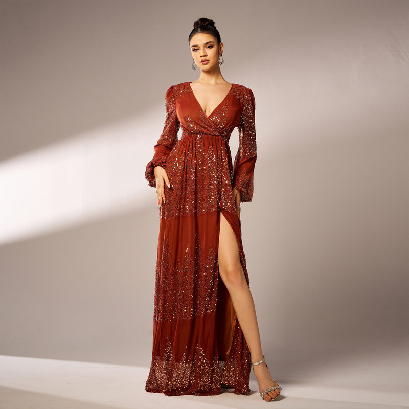 Cross-border European and American High-end Long-sleeved Elegant V-neck Sexy Long Sequin Banquet Evening Dress Bridesmaid Dress dress Women Cross-border European and American High-end Long-sleeved Elegant V-neck Sexy Long Sequin Banquet Evening Dress Bridesmaid Dress dress Women