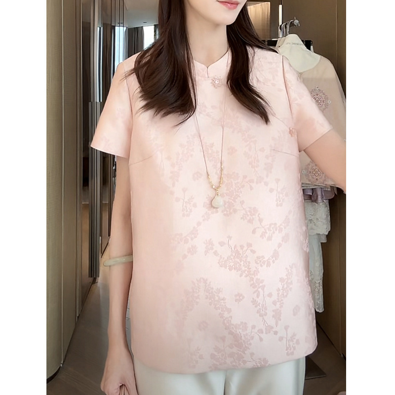 2025夏季新中式国风减龄粉色提花短袖衬衫女轻奢气质唐装T恤上衣|undefined