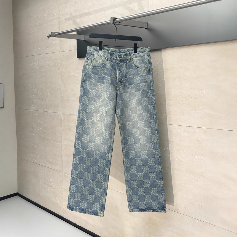 Authentic Version in Stock, Original Label V Brand 5 New Model, Copper Buckle Checkerboard Jeans, Straight-Leg Casual Pants, Unisex