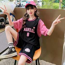 女童夏装套装2025新款夏季运动服短裤两件套宽松透气篮球衣儿童装