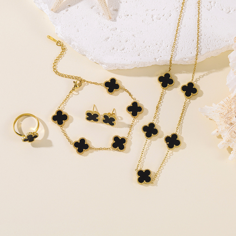 Cross-border high-end four-leaf clover four-piece set: necklace, bracelet, earrings, ring, versatile lucky five-leaf fashion jewelry