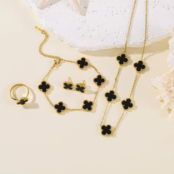 Cross-border high-end four-leaf clover four-piece set: necklace, bracelet, earrings, ring, versatile lucky five-leaf fashion jewelry