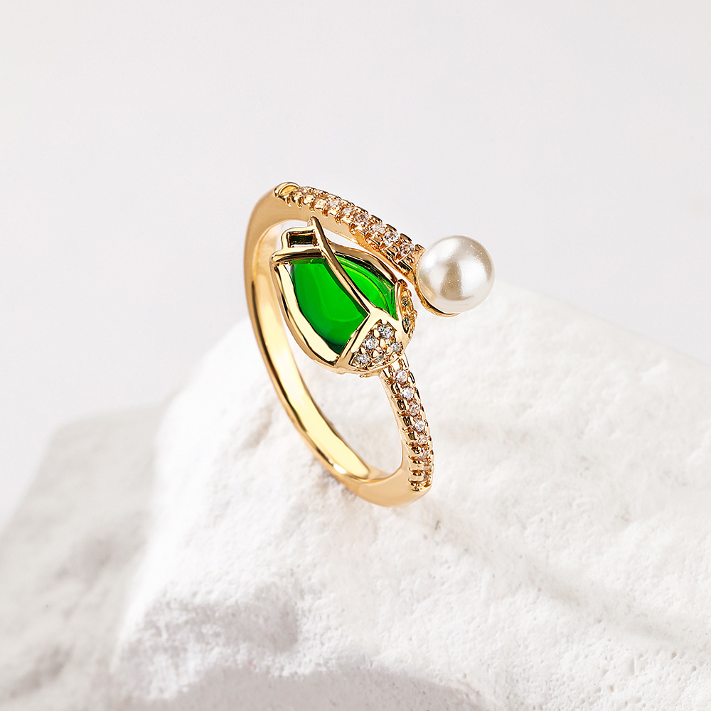 Fashion Flower Copper Gold Plated Artificial Pearls Zircon Open Ring 1 Piece