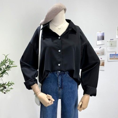 韩版百搭简约宽松长袖衬衫女士春秋洋气质设计感小众外穿开衫上衣|undefined