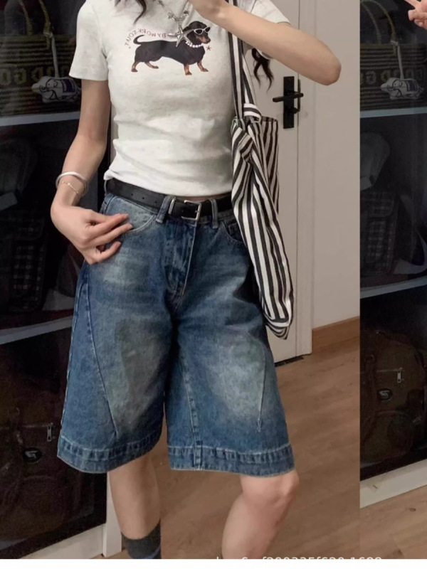 大码复古美式a字牛仔短裤女夏季胖mm高腰显瘦直筒阔腿五分中裤子|undefined