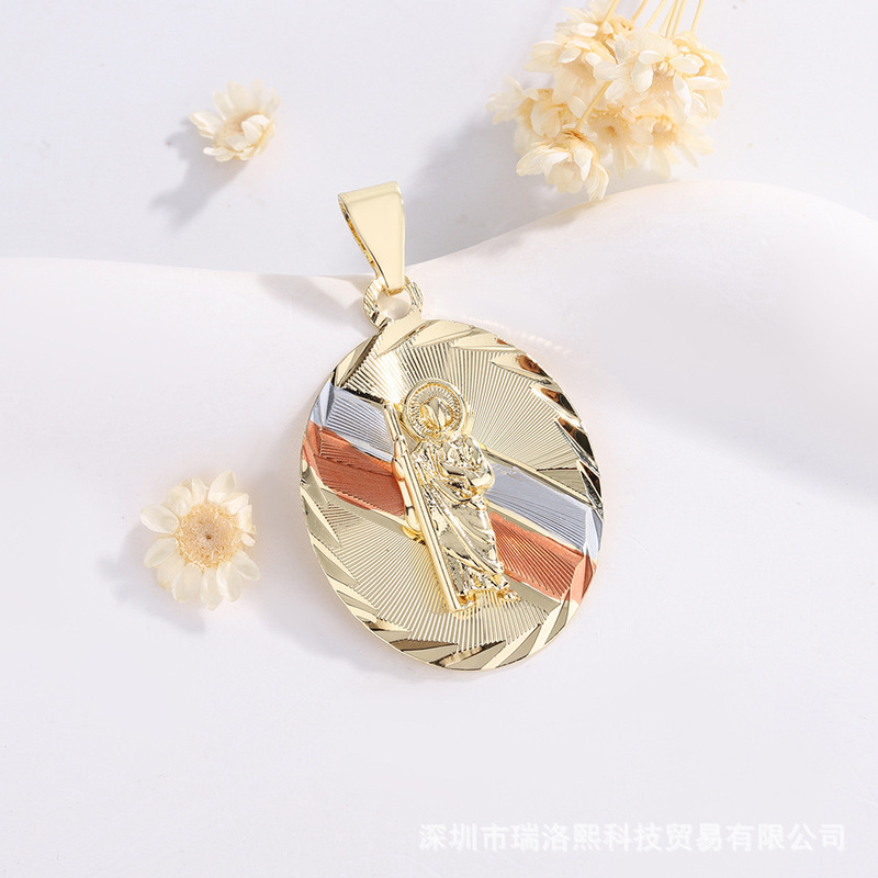 欧美跨境时尚宗教圣犹达圣父拐杖铜车花片镀金画色个性项链吊坠|undefined
