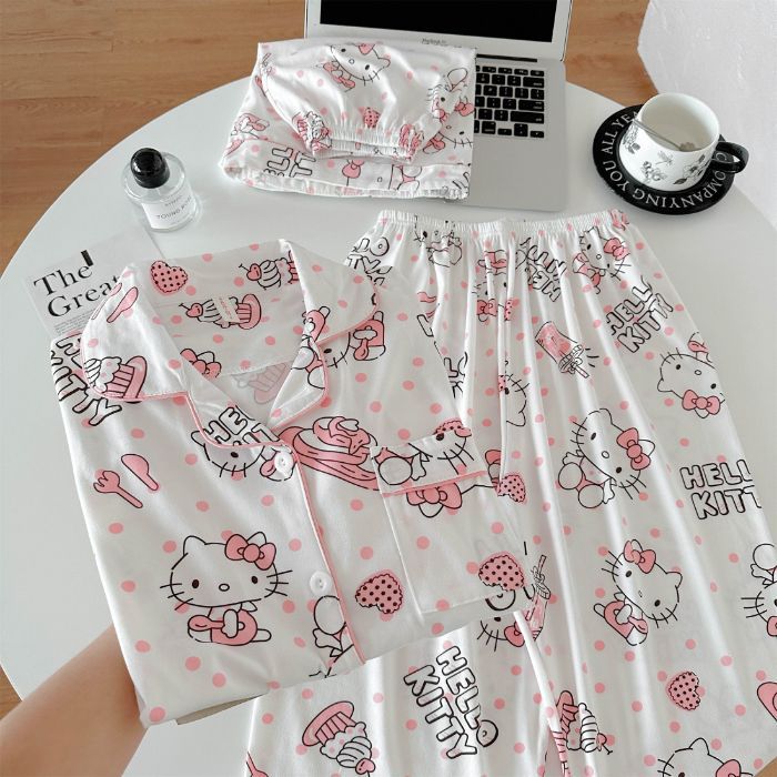 Pijamas de algodón de imitación de tres piezas 160G pantalones cortos de manga corta de verano para mujer