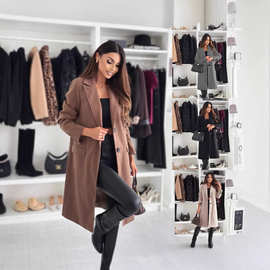 2025独立站wish亚马逊爆款 秋冬简约长袖纯色带口袋毛呢外套女装