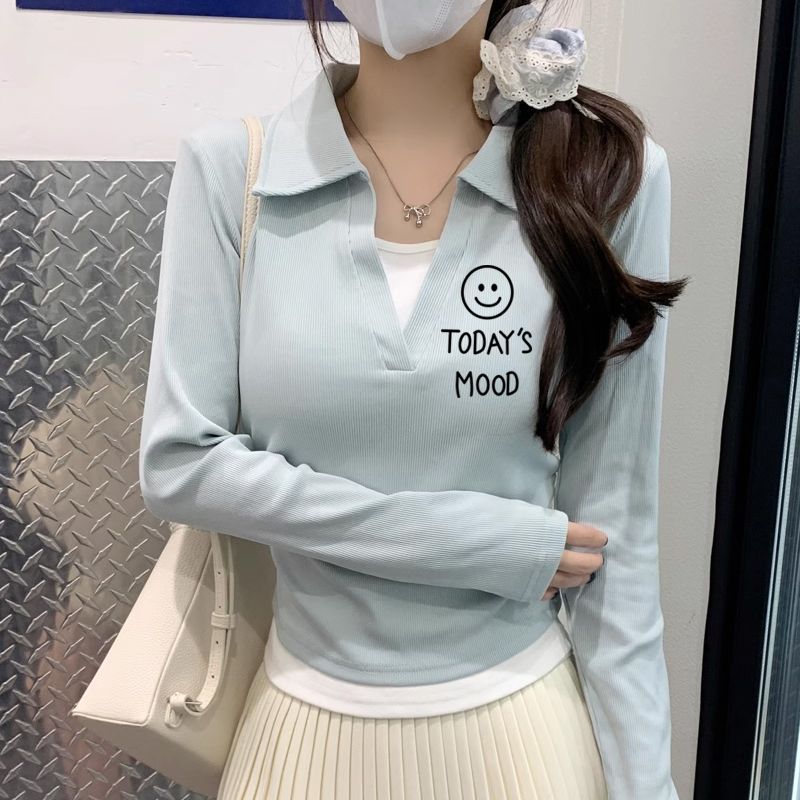 polo领长袖t恤女别致拼色印花秋季新款韩版修身假两件打底衫女ins|undefined