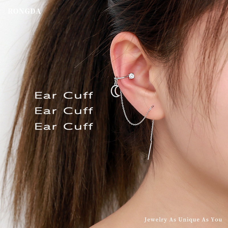 Korean Style Creative Design Jewelry, Simple Star And Moon Zircon Hanging Earrings, Women's Fashionable Personalized Ear Bone Clip Earrings