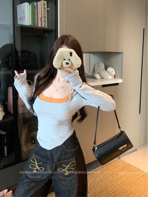 韩系别致浅灰色扭结假两件T恤女秋季设计感百搭修身显瘦休闲上衣|undefined