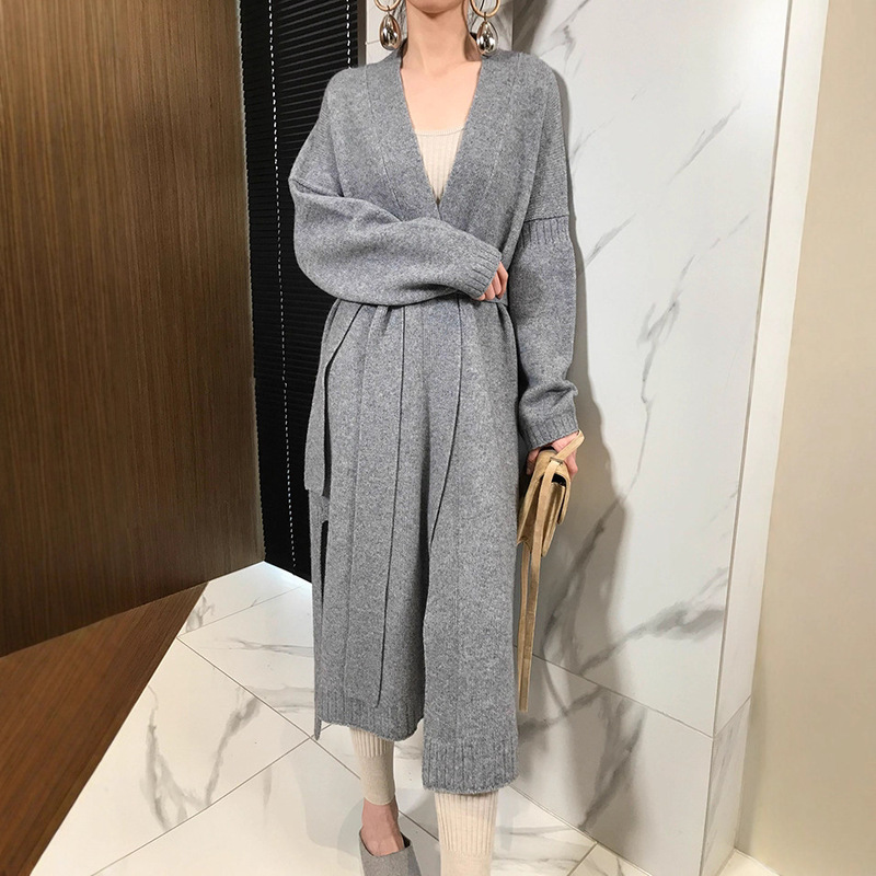 Cross-Border New Belt Cardigan Women's Loose Versatile Long Over-The-Knee Sweater Autumn Jacket Andy Velvet Knitwear Winter