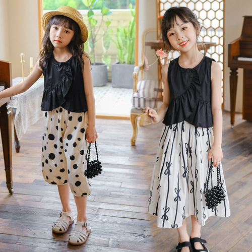 2024 summer new Korean style girls lotus leaf vest, stylish polka dot bloomers, fashionable two-piece set, dropshipping