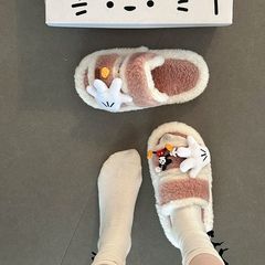 时尚拼色可爱卡通毛毛拖鞋女2025秋冬新款外穿居家室内棉拖鞋鞋子