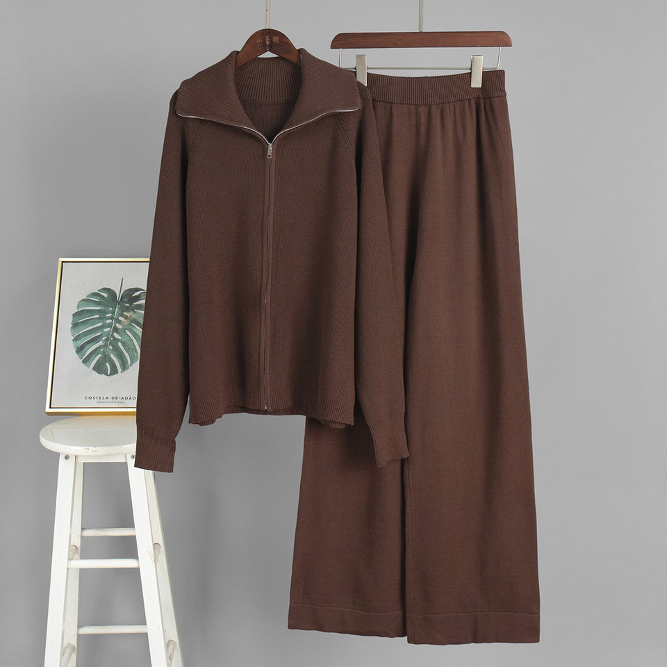Bộ áo cardigan dệt kim khóa kéo phối quần dài ống rộng nữ — màu bột yến mạch, màu nâu, màu xám, trắng chi tiết 9