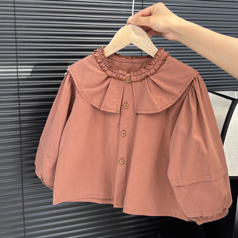 Children's and Girls' Spring and Autumn New Western Style Korean Style Sweet Brown Mori Doll Shirt Laced Collar All-match Trendy Shirt