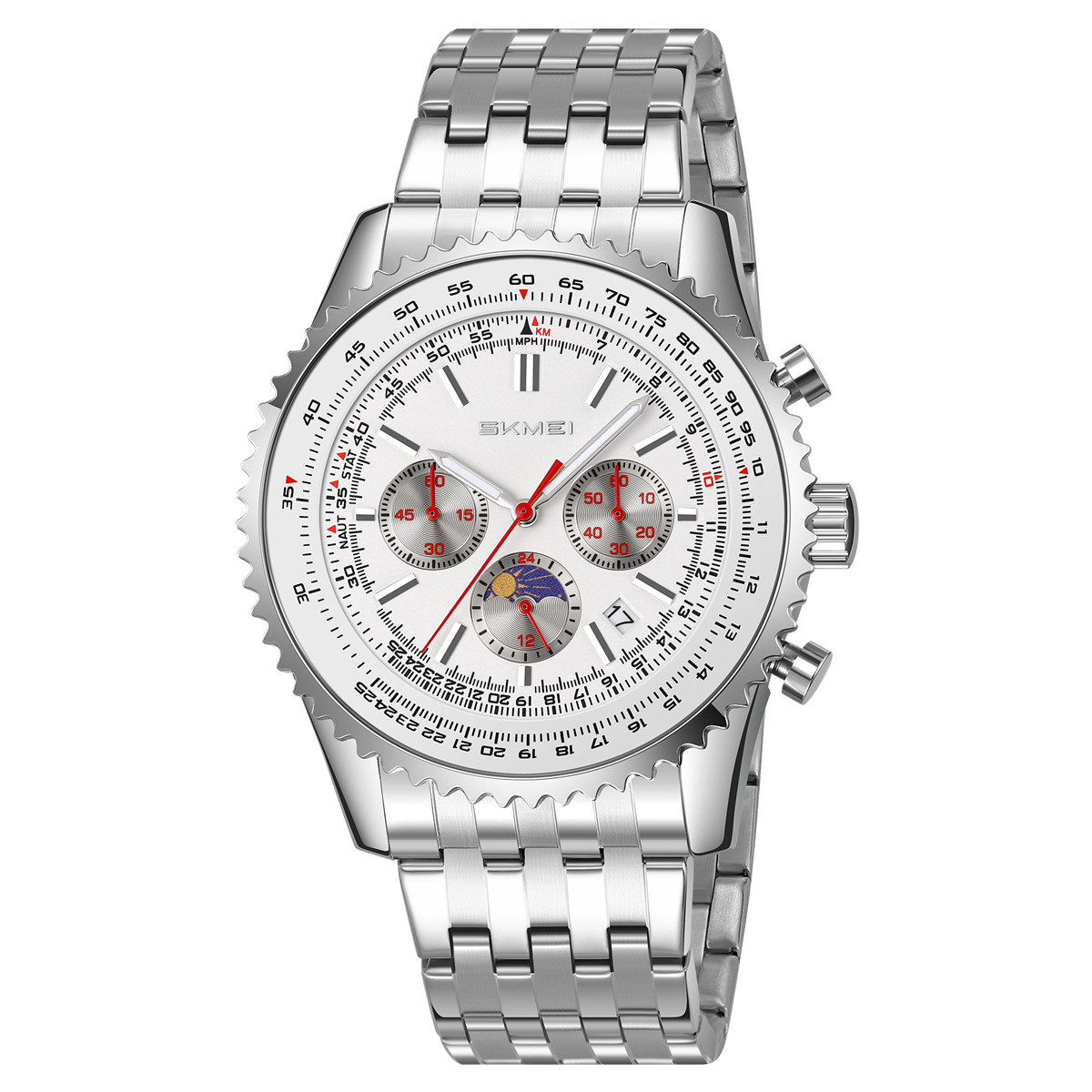Momento de los Estados Unidos transfronterizos para hombres reloj de acero correa de tres ojos seis agujas multifuncional reloj de pulsera horario de estrellas al por mayor