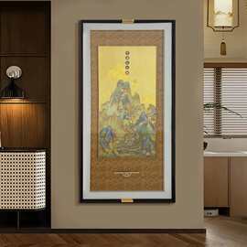 新中式玄关装饰画客厅走廊挂画新中式竖版玄关铜板画千里江山图06