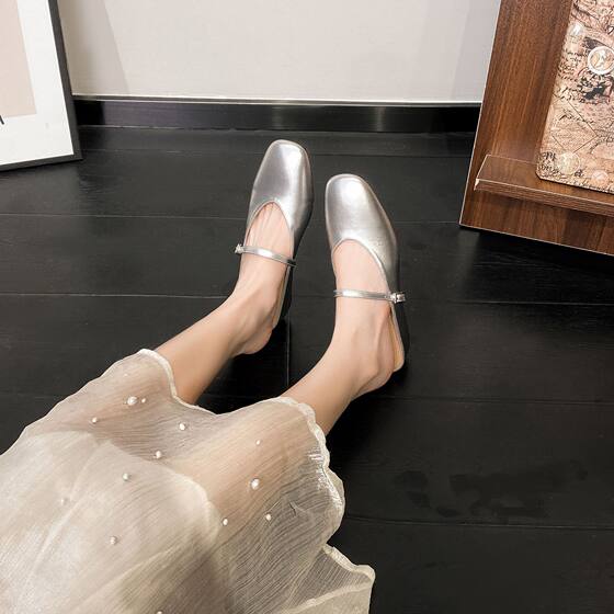 Mary Jane Shoes 2024 Summer New Casual Square-toe Shallow Flat-toe Sandals Women's Summer Fairy Style Single-layer Shoes