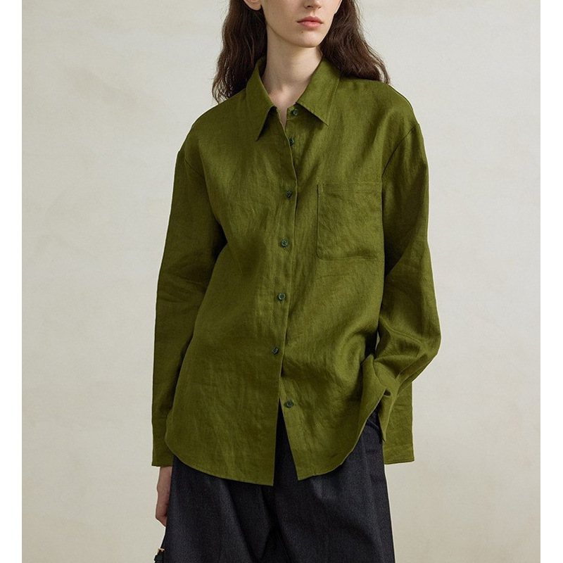 [Atonement] 100 Linen Green Loose Shirt for Women Early Autumn Style Long-Sleeved Shirt for Inner Wear and Outer Wear