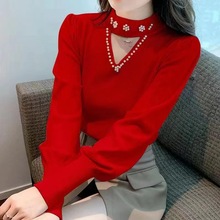 2025春秋季新款毛衣重工钉珠内搭修身纯色灯笼袖针织衫长袖上衣女