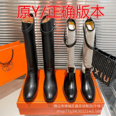 H家2025秋季新款英伦风圆头金属扣斜口不过膝侧拉链高筒骑士靴长