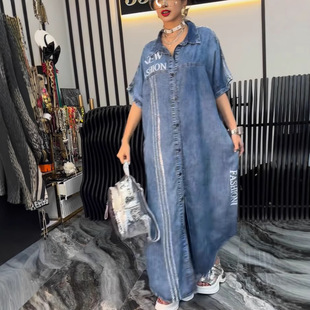 2025 Amazon European and American Foreign Trade Women's Casual Imitation Denim dress Letter Printed Lapel Shirt Long Skirt