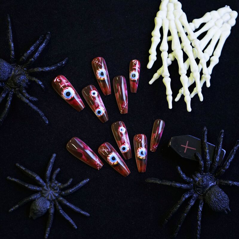 WM-282 ブラッドカラーアイズロング T フェイクネイルピースハロウィンレッド傷跡スリラー眼球着用ネイル卸売|undefined