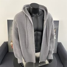 秋冬款加厚毛衣外套时尚纯色宽松连帽两侧开叉坑条针织开衫上衣女