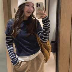 大码韩国女装秋季新款胖mm韩系ins经典条纹百搭修身假两件长袖T恤