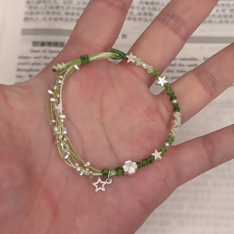 星がちりばめられた緑の幸運の四つ葉のクローバー手編みロープ DIY ブレスレット牧歌的なスタイルのブレスレット夏の多用途ギフト|undefined