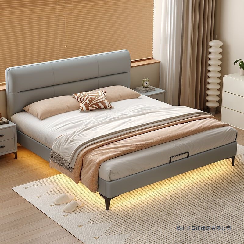 All Solid Wood Leather Bed Modern Simple Single and Double Bedroom Home Bed Small Apartment Thin Bedside Silent Bed