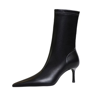 328-12 Vintage European and American Style Winter Fashion Simple Medium Heel Thin Heel Pointed Tip Slim Fit Banquet Wome