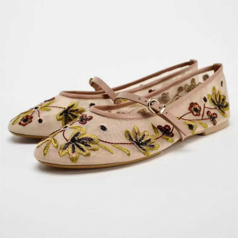 Cross-Border 2025 Spring and Summer New Women's Shoes Fashion Flower Embroidery Mesh Ballet Flats National Style New Foreign Trade