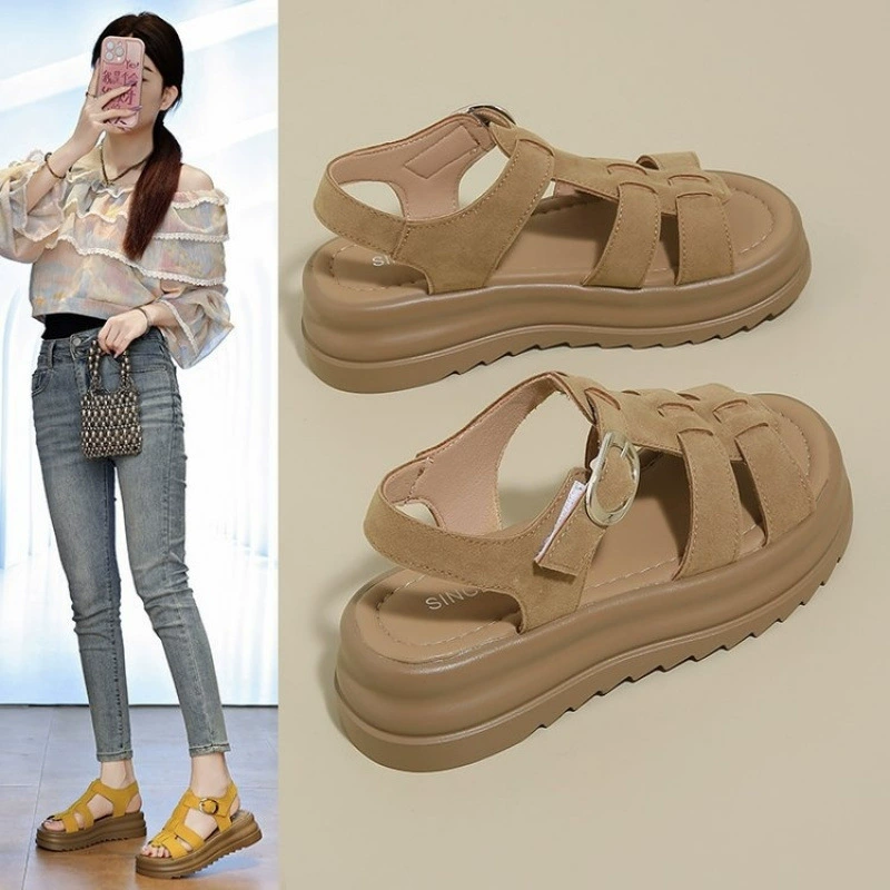 Сандалии Birkenstock на толстой подошве для женской летней верхней одежды, новый стиль с юбками, не утомляющие ноги, римские туфли на плоской подошве, нескользящие.