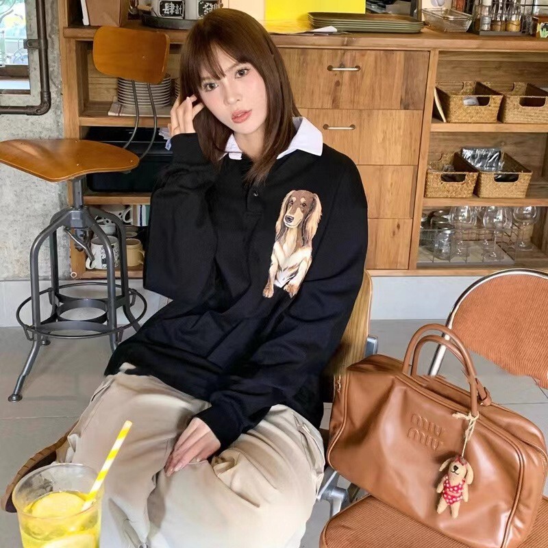 Jimo Original Factory Yy26 Autumn/Winter New Dachshund Print Retro Loose Polo Collar Long Sleeve T-Shirt Couple's Top Jimo Original Factory Yy26 Autumn/Winter New Dachshund Print Retro Loose Polo Collar Long Sleeve T-Shirt Couple's Top