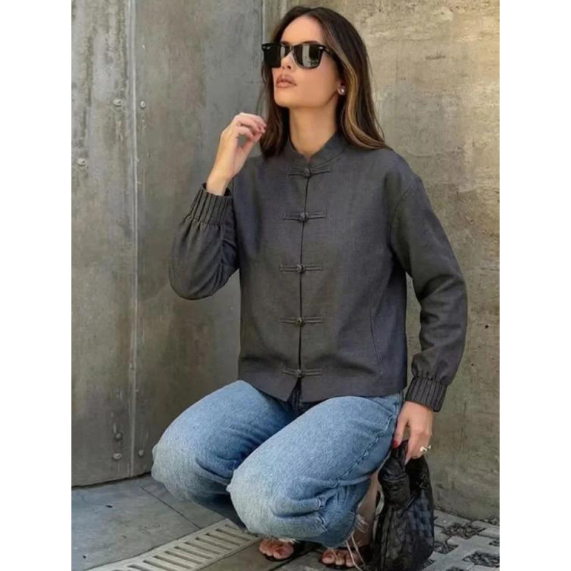 Inventario de nuevo cuello de hebilla chino delgado chaqueta de manga larga mujer 2026 ropa de mujer europea y americana comercio exterior al por mayor