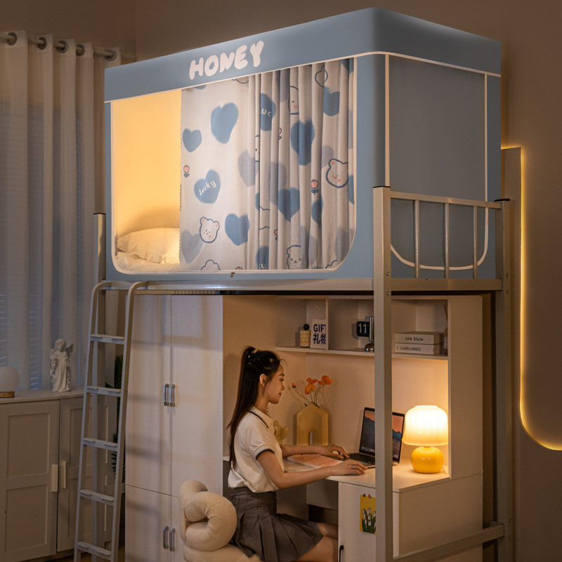 Cortina de cama gruesa de protección de luz fuerte para dormitorio de estudiantes con mosquiteros superiores e inferiores