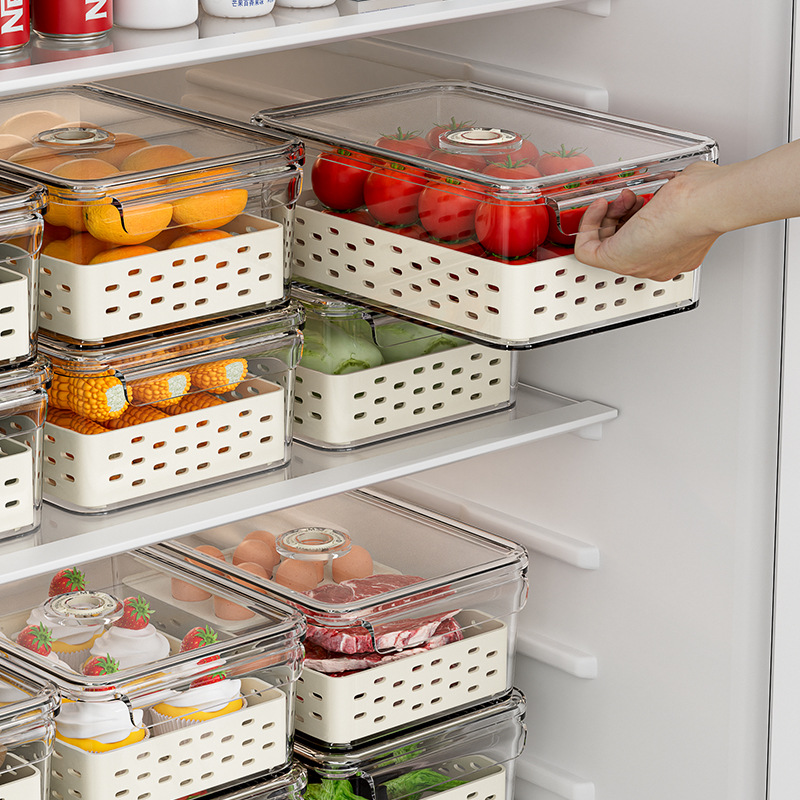 Caja de almacenamiento de refrigerador de cocina plástico rectangular drenaje caja de preservación de frutas y verduras caja de preservación de alimentos sellado de doble capa