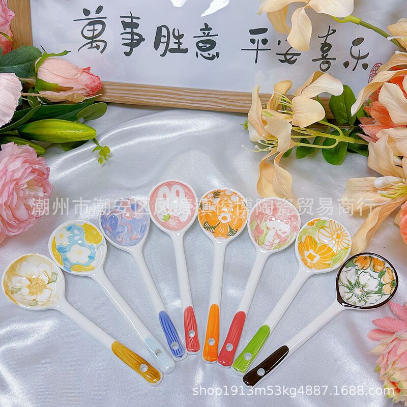 正規品の外国貿易の熱い販売の陶磁器のスプーンのスープのスープの手描きの釉薬の下で色の食器のスプーンの高い顔の価値のスプーンの長い柄のスプーン|undefined