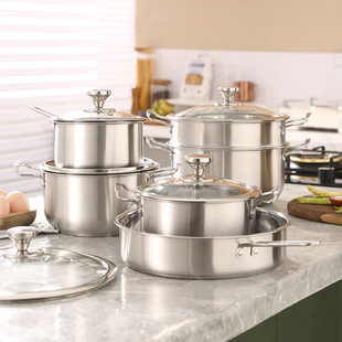 Export Cross-Border Single Bottom Stainless Steel Pot Set Gift Soup Pot Steamer Frying Pan Set Pot