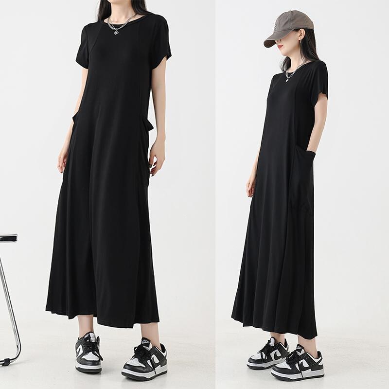 Black Modal Loose Short-Sleeve Dress for Women, Summer Large Pocket Casual Long Dress, Extra-Long Base Dress, A-Line Dress