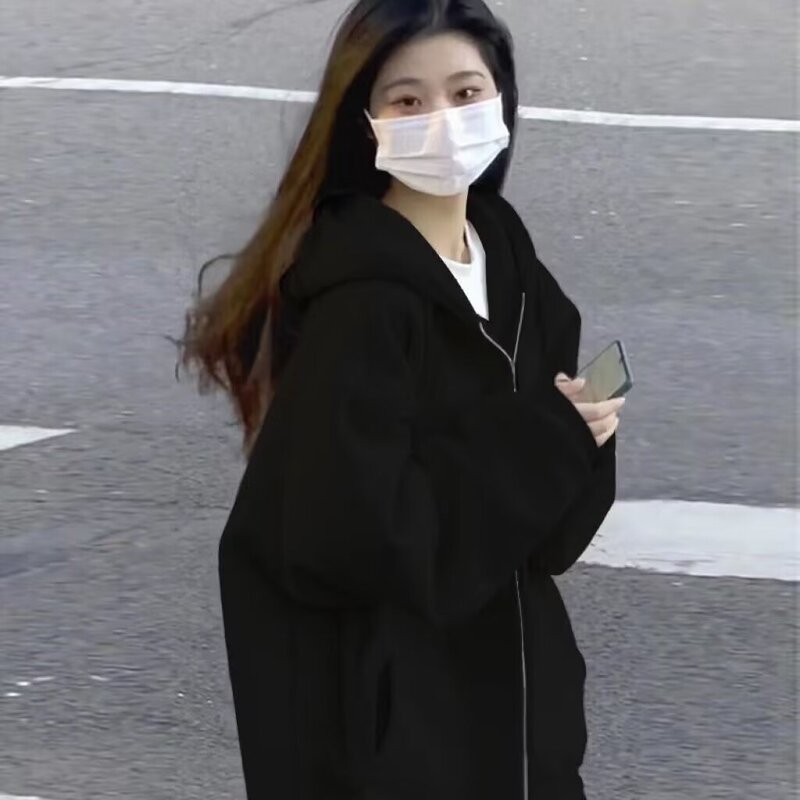 外套女男秋冬款拉链卫衣2024年潮连帽纯色抽绳百搭加绒开衫上衣|undefined