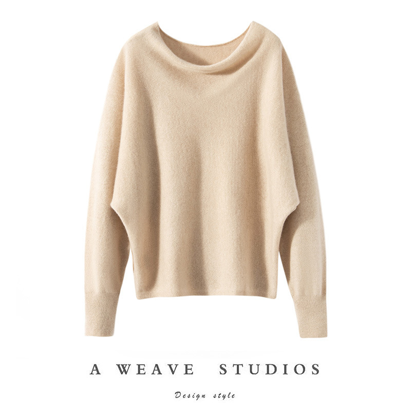 Autumn and Winter New Style 100% Pure Cashmere Sweater Women's One-Line Collar Comfortable Knitted Bat Shirt Pure Color Long-Sleeved Loose Top