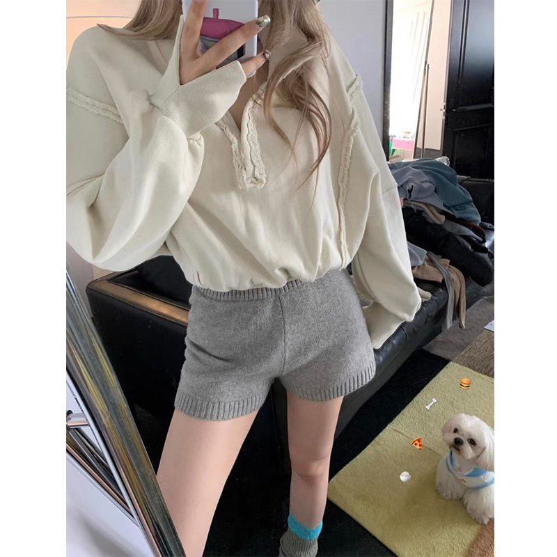 灰色针织短裤女春季新款小个子慵懒松弛感毛线羊绒直筒阔腿裤|undefined