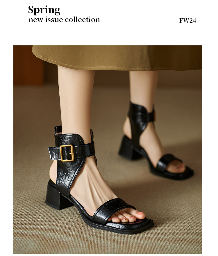 Sandal nữ cao cổ mũi vuông da thật khóa thắt lưng gót thô 9 cm — Màu nâu, Màu đen chi tiết 15
