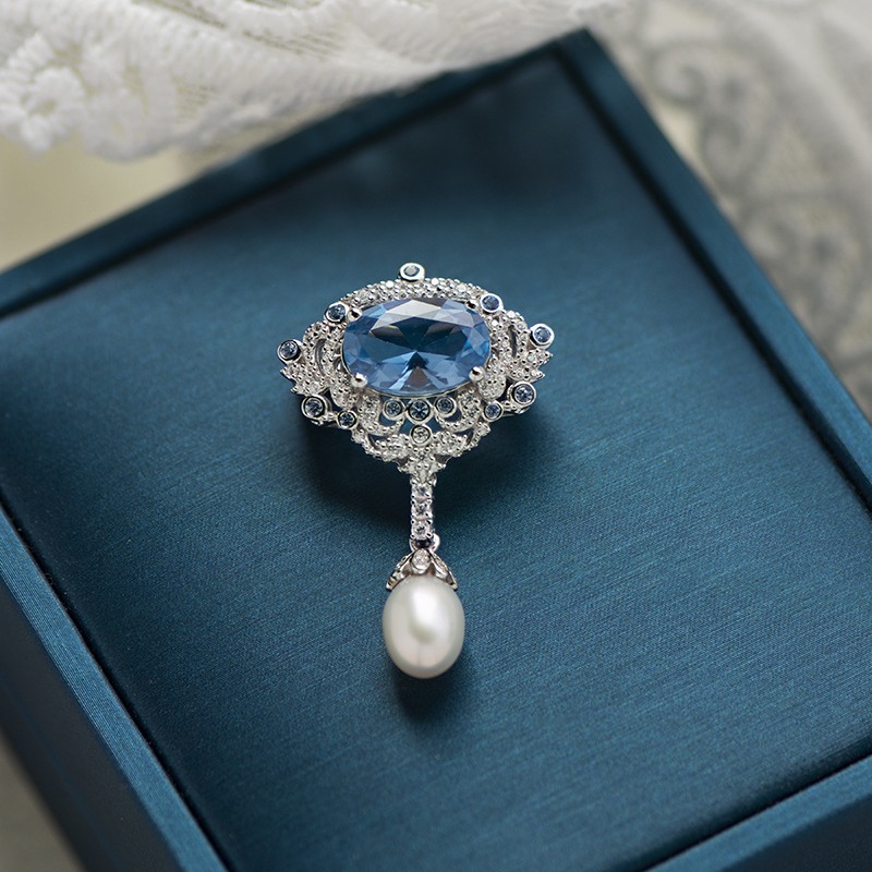 Blue spinel vintage corsage S925 sterling silver plated drop-shaped natural universal high-grade corsage needle wholesale